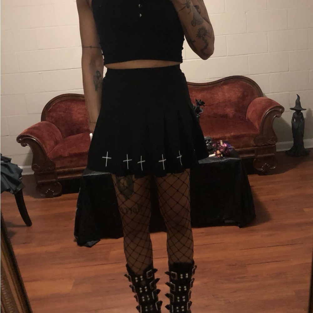 Black Pleated Mini Skirt with Cross Details